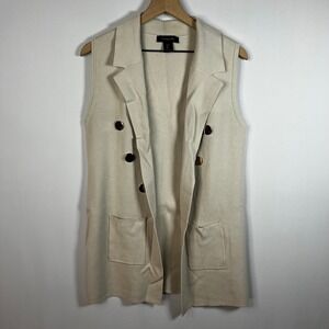 Tahari Sweater Vest Women Large Cream Faux Button Pockets Sleeveless Duster Long